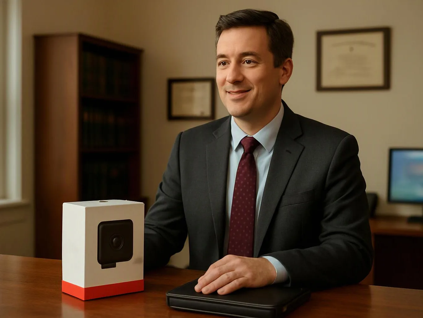 A smiling man in a suit sits at a desk beside a boxed camera in an office