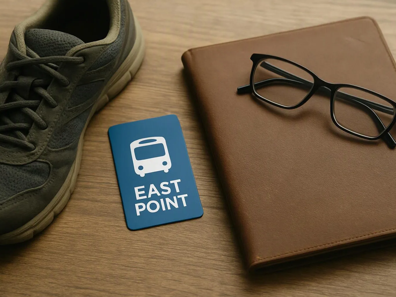 A sneaker, a blue transit card, black glasses, and a brown notebook rest on a wooden surface