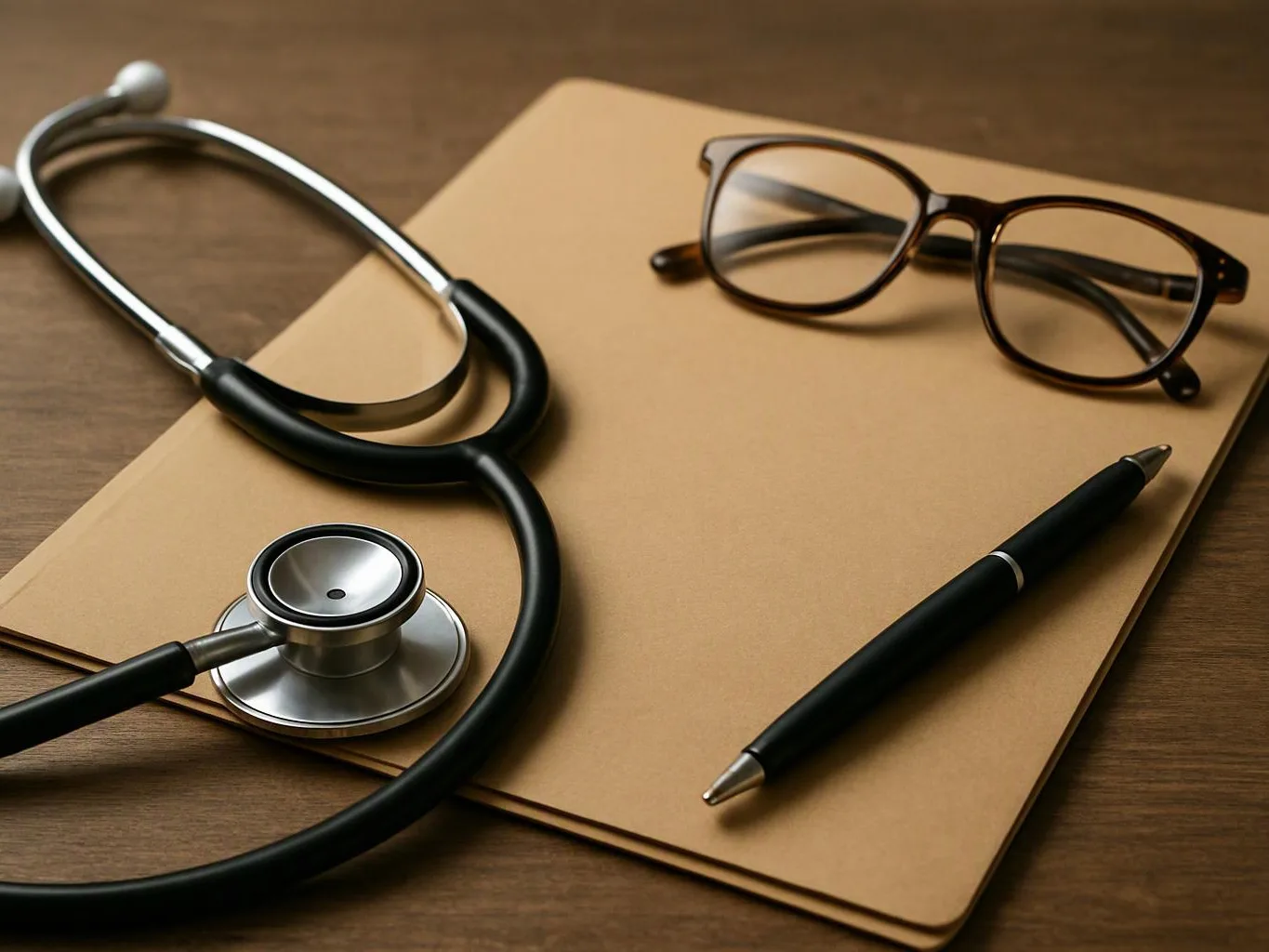 A stethoscope, eyeglasses, and pen rest on a tan folder on a wooden desk