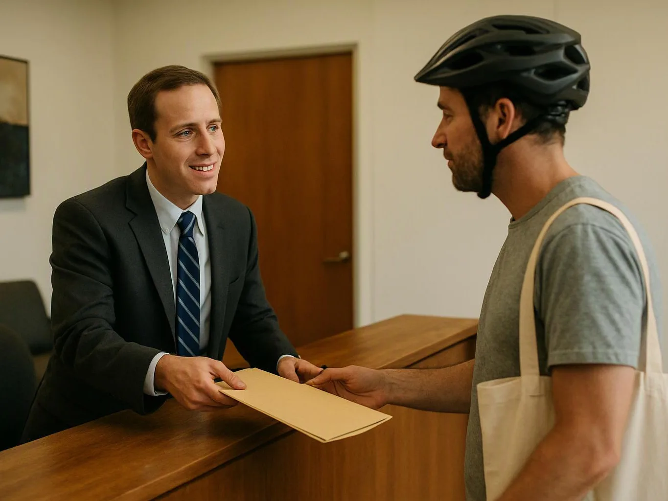 A suited man hands a folder to a helmeted man across a wooden counter in an office