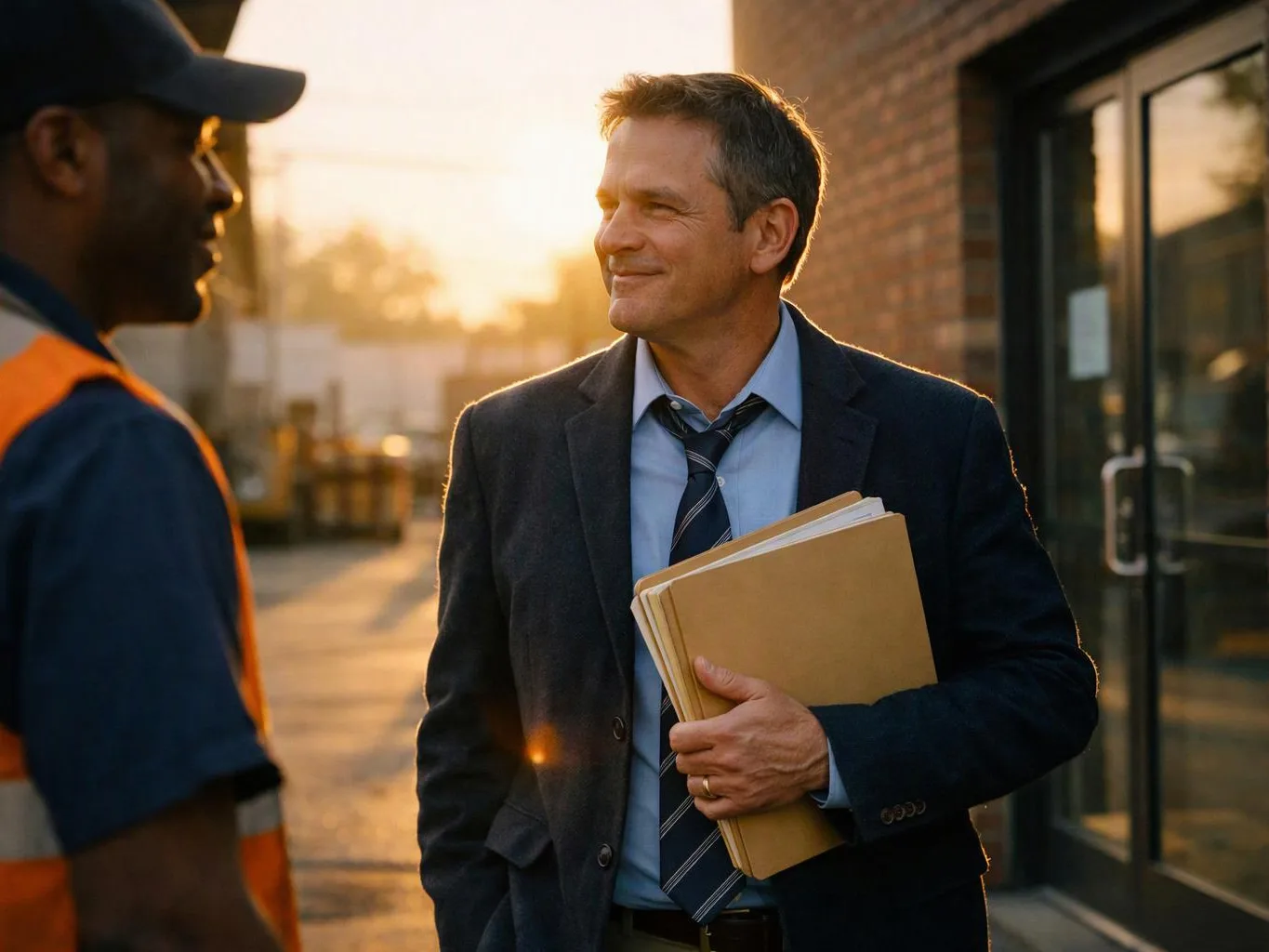 A suited man holds folders and smiles while talking to a worker outside a brick building at sunset