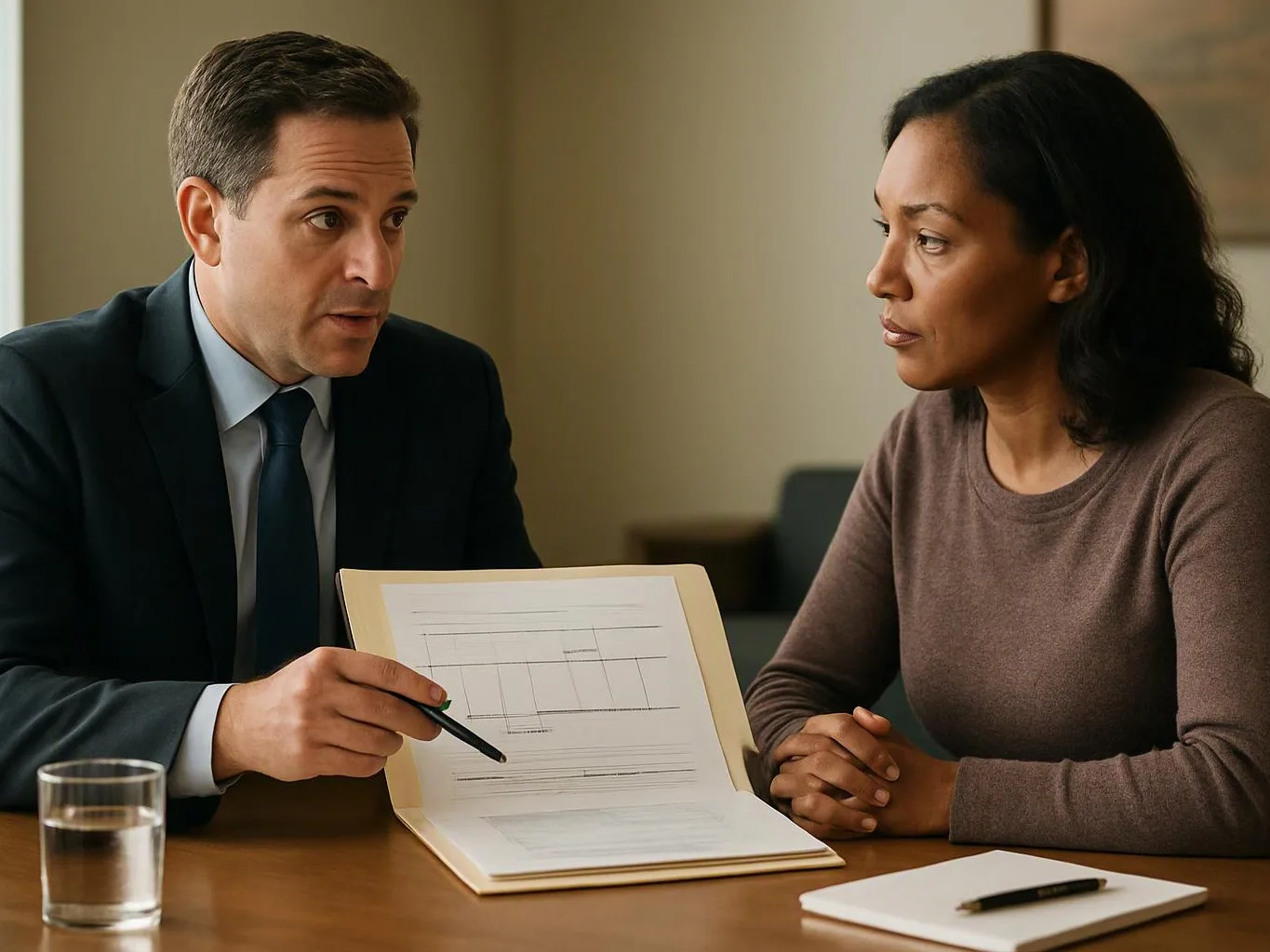A suited man points at a chart in a folder while speaking to a woman across a table in a meeting room