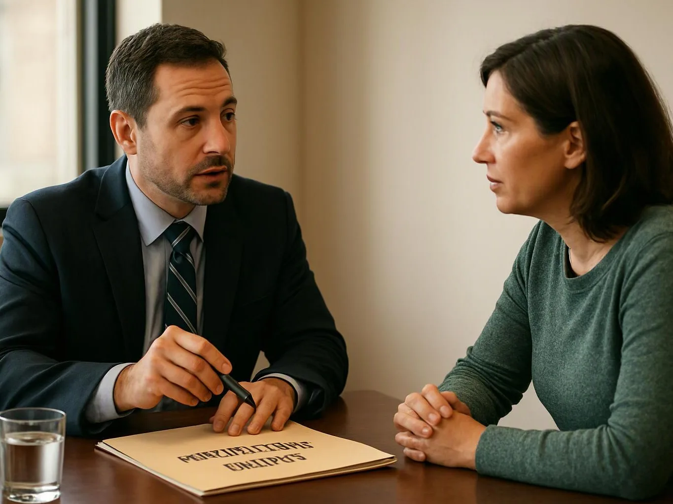 A suited man points at a folder while speaking to a woman across a table in a plain room