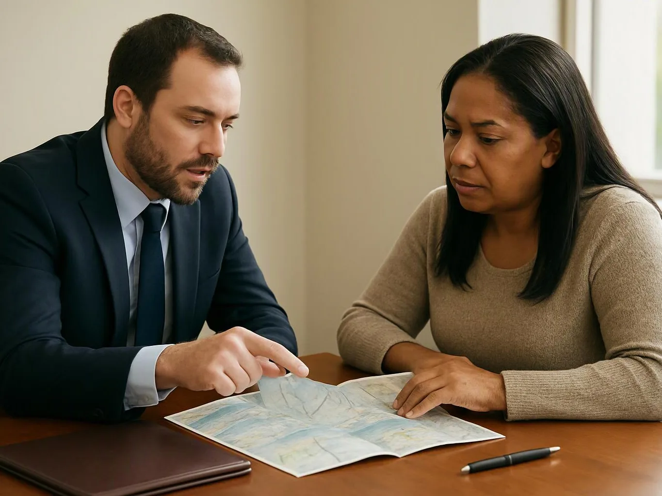 A suited man points at a map on a table while a woman studies it in a bright office