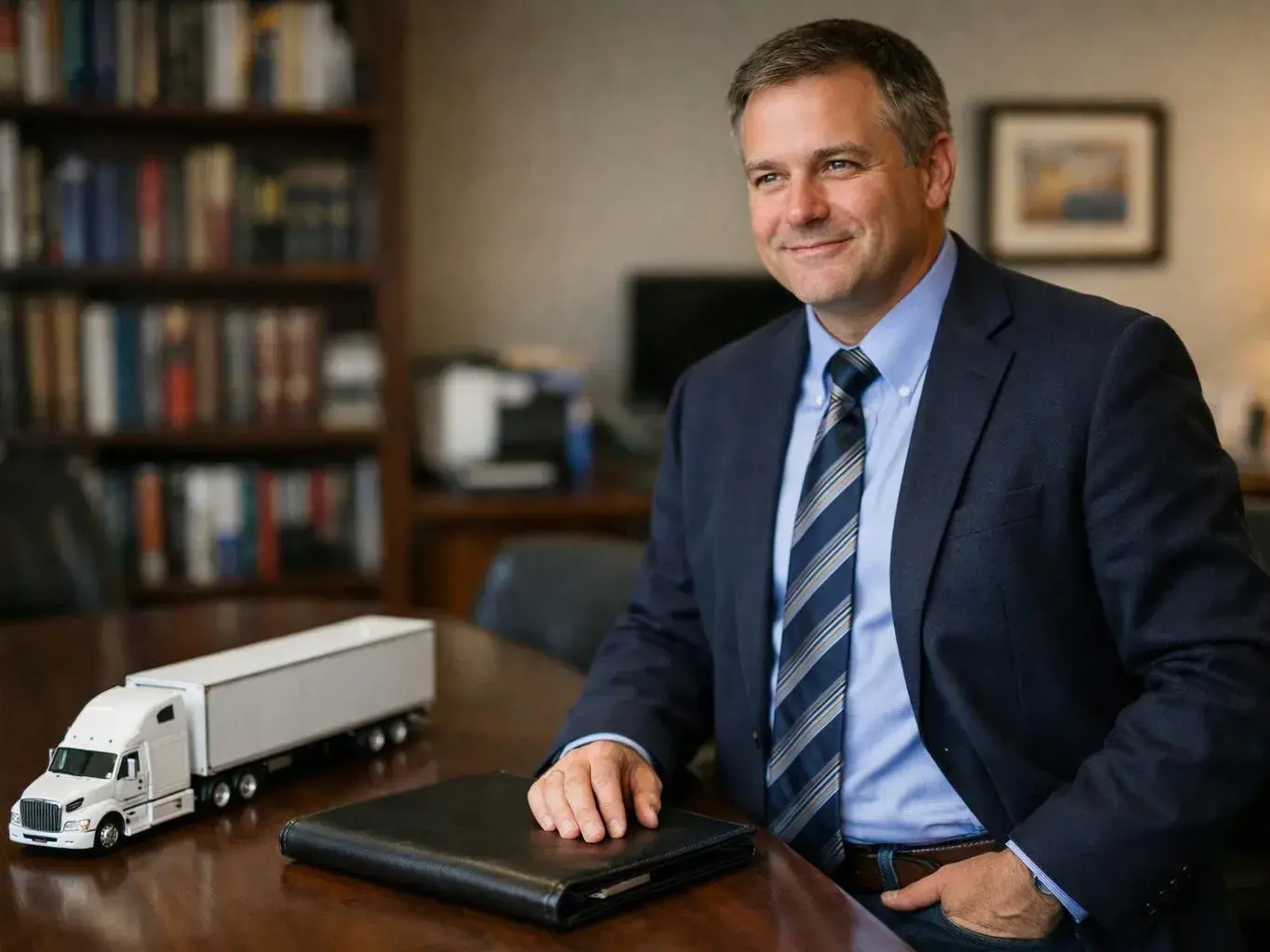 A suited man sits at a conference table beside a model truck and a black folder in an office