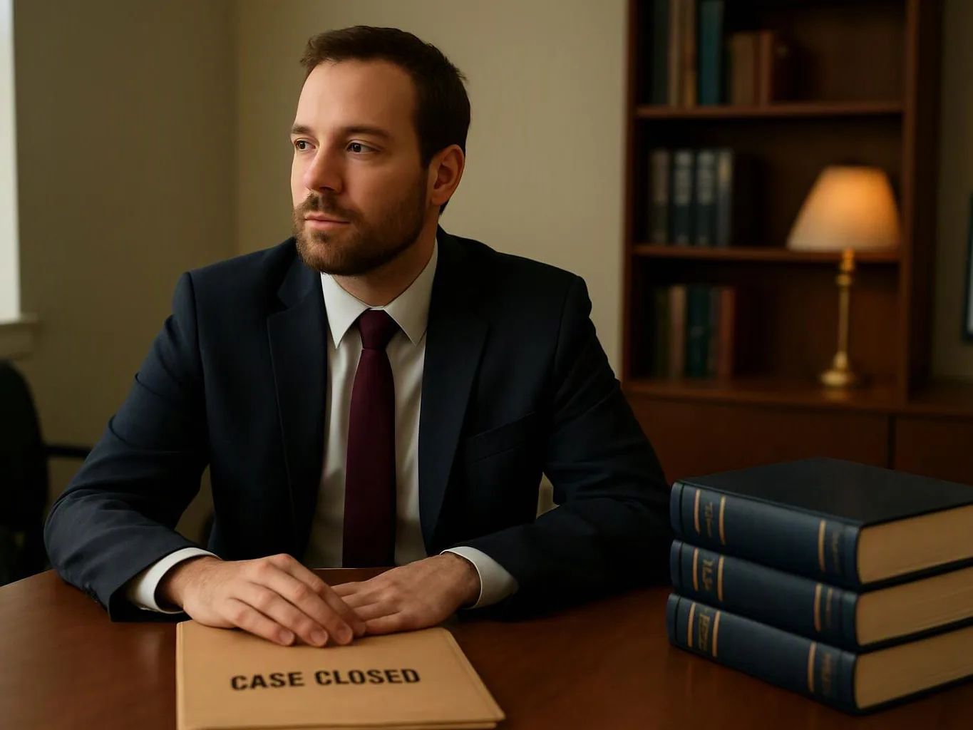 A suited man sits at a desk with a folder marked “CASE CLOSED” and stacked books beside him