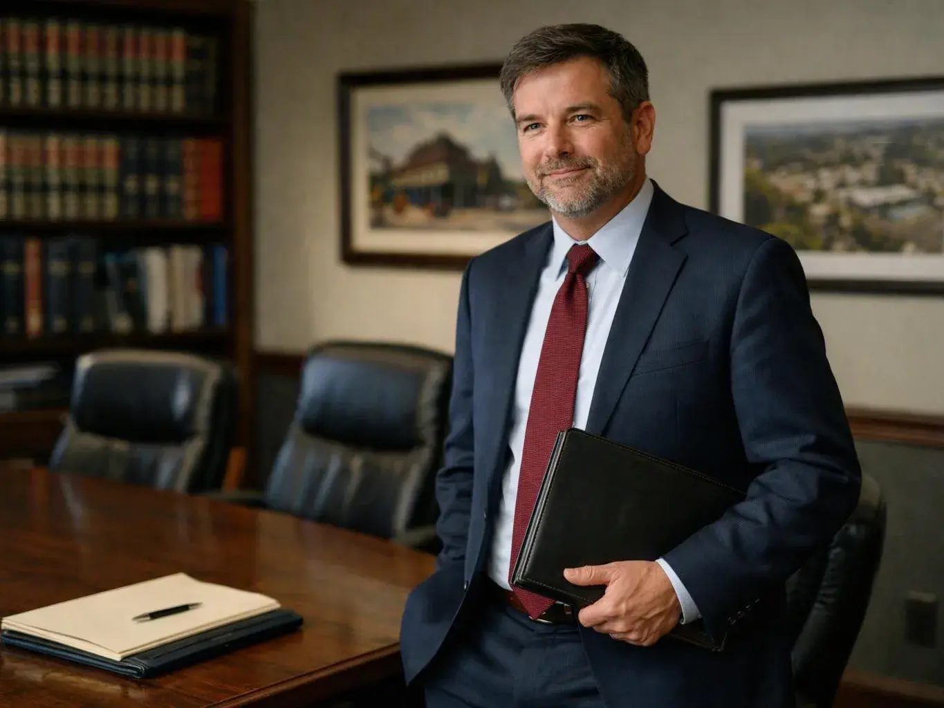 A suited man stands beside a conference table, holding a black folder in a quiet office