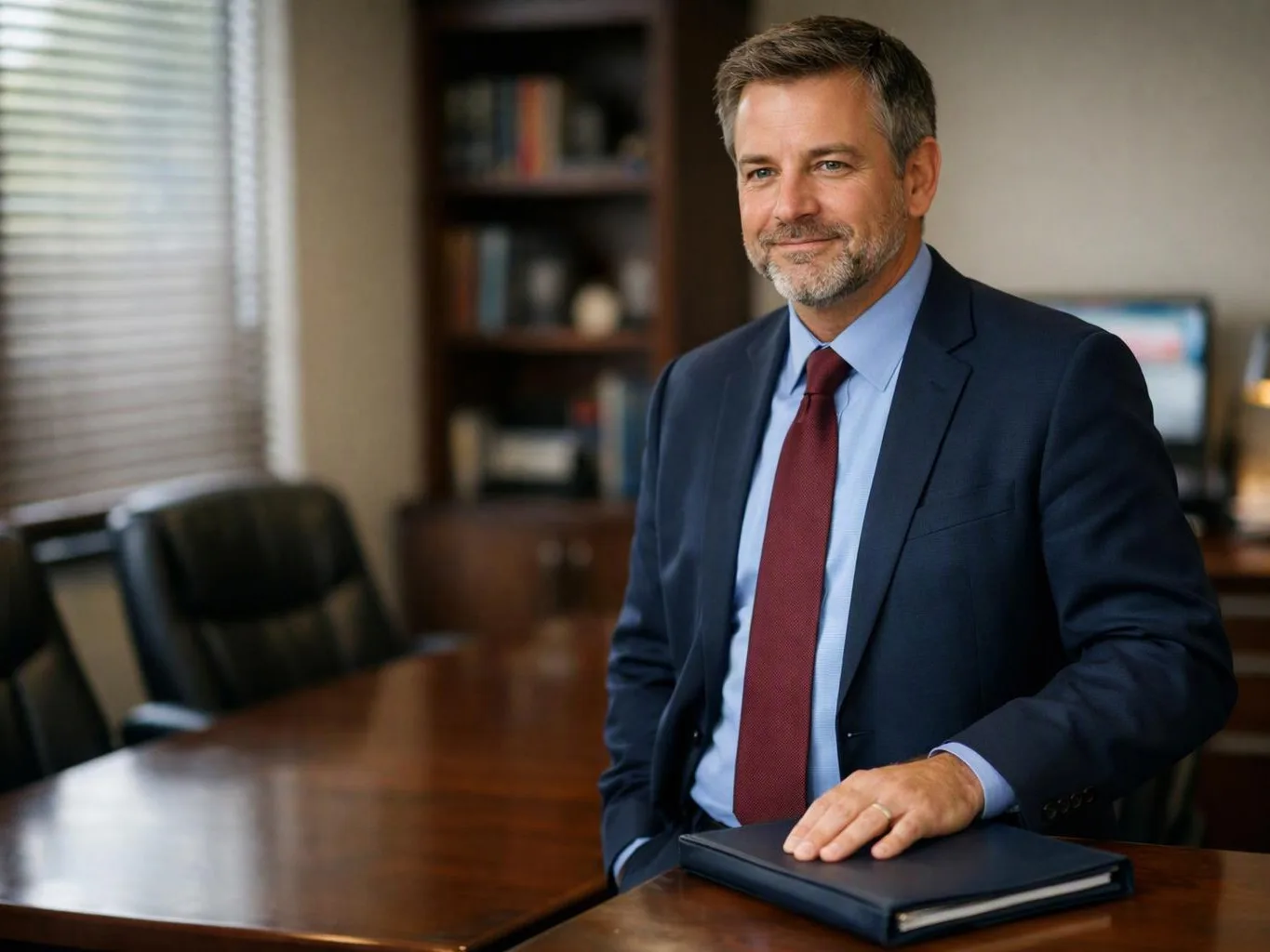 A suited man stands by a conference table, resting a hand on a closed folder in an office