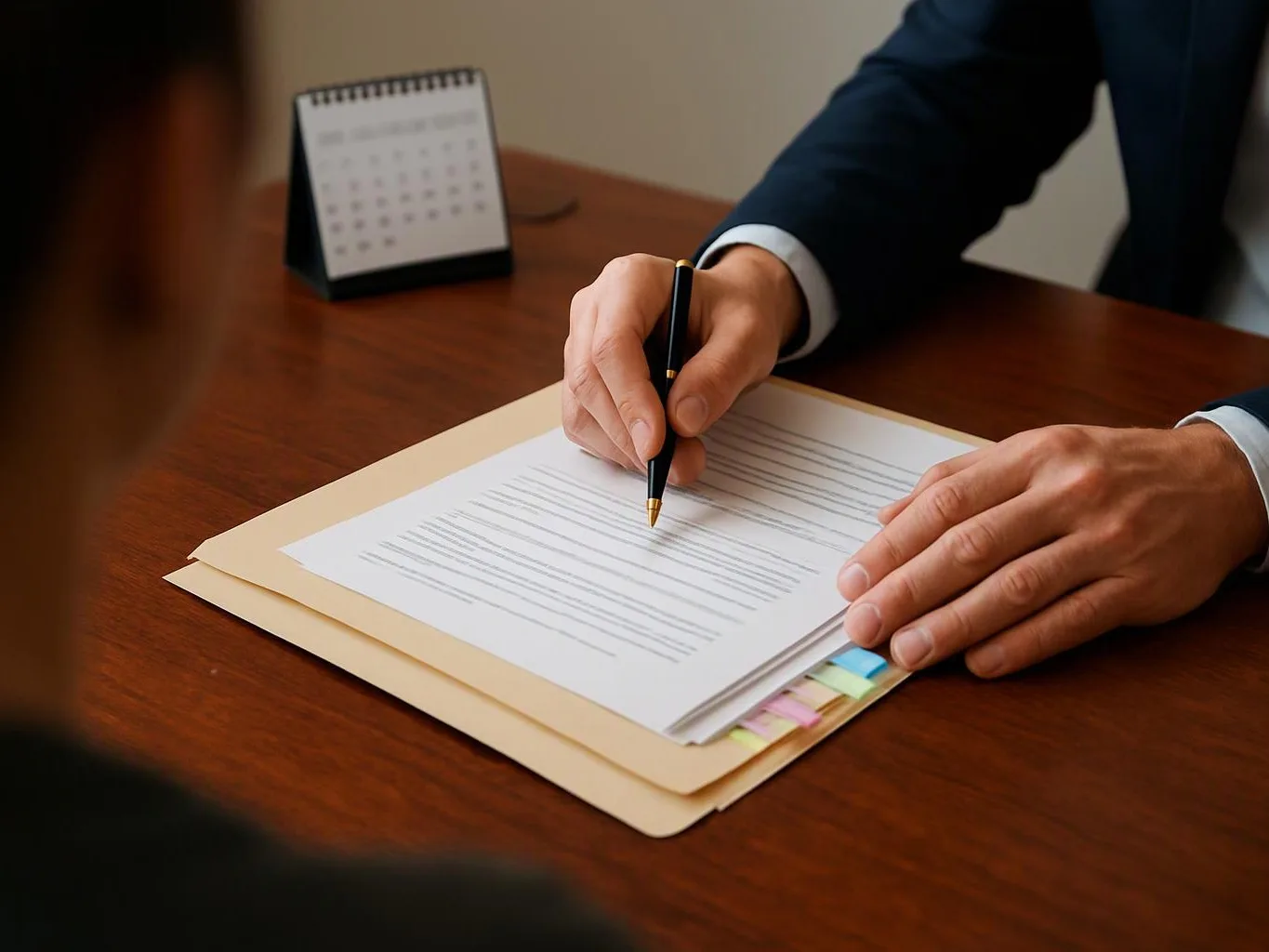 A suited person signs a document on a wooden desk beside a small calendar and folder tabs