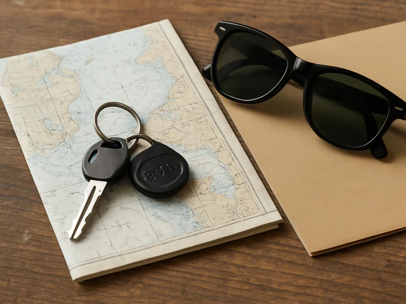 Sunglasses, a key, and a key fob rest on a folded map and tan envelope on a wooden table