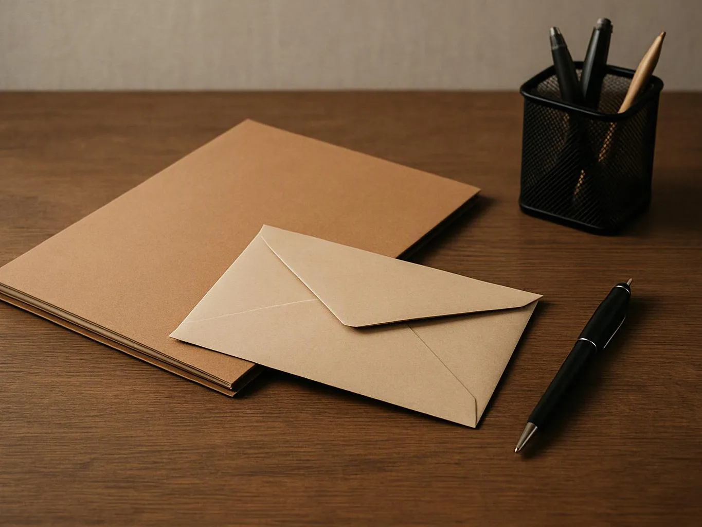 Tan envelopes, a black pen, and a pencil cup sit on a wooden desk