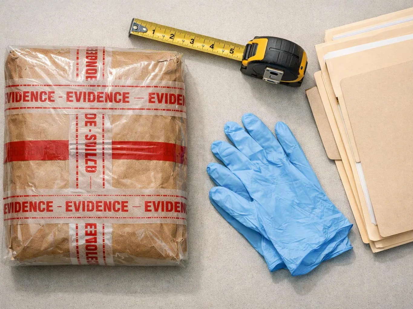 A taped evidence package sits beside a tape measure, blue gloves, and stacked file folders on a gray surface