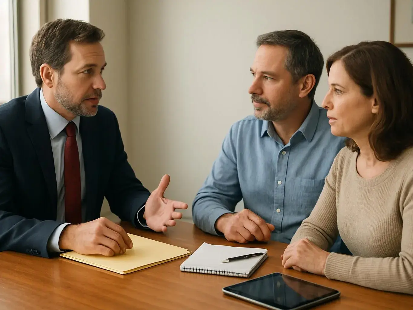 Three adults sit at a wooden table, listening to a suited man speak beside a notebook and tablet