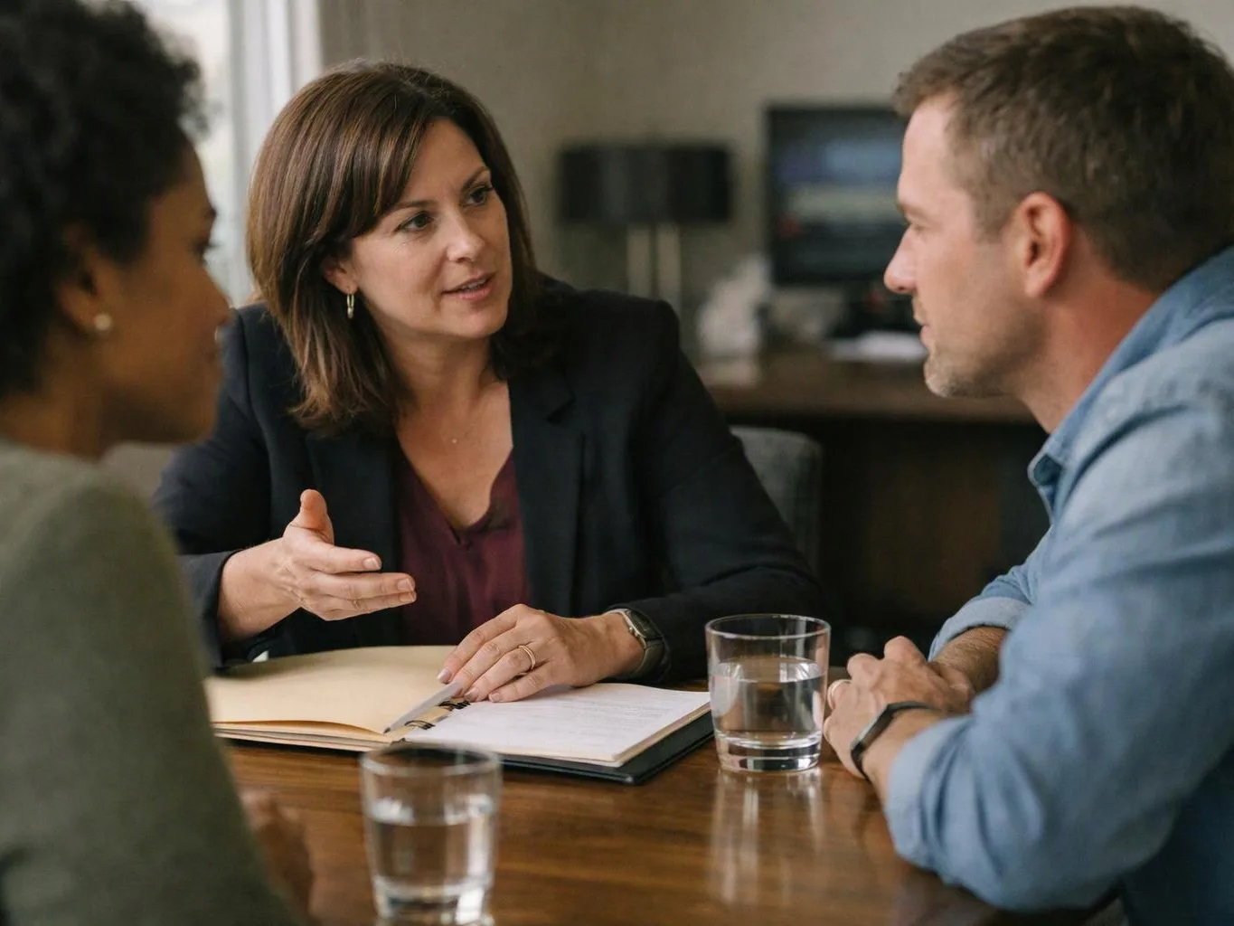 Three people sit at a table in a meeting, one woman gestures while talking to a man and another person