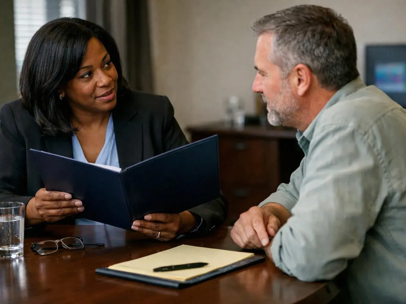 Two adults sit at a table, one holds a blue folder while they talk in an office setting