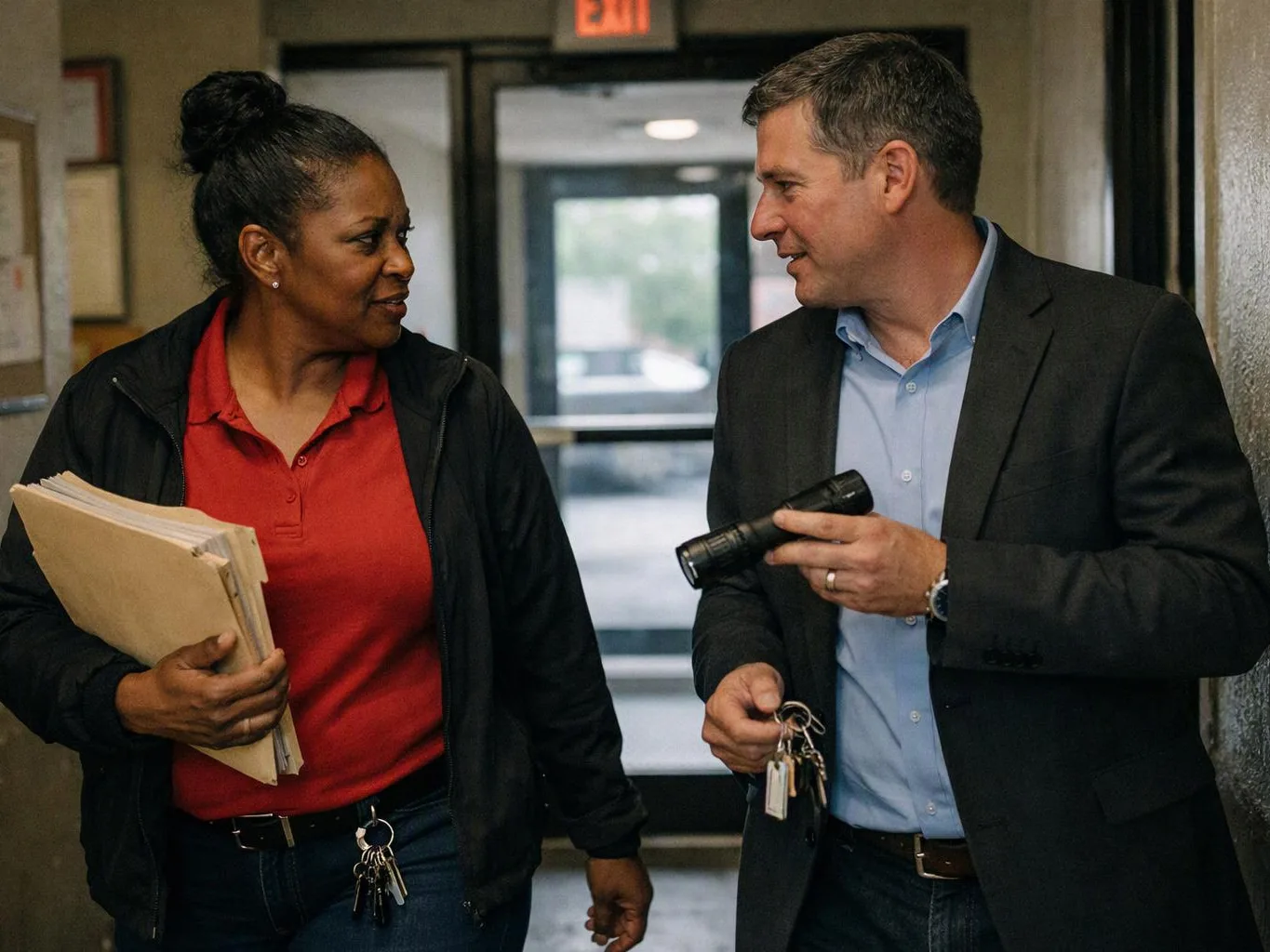 Two adults talk in a hallway, one carrying folders and the other holding a flashlight and keys