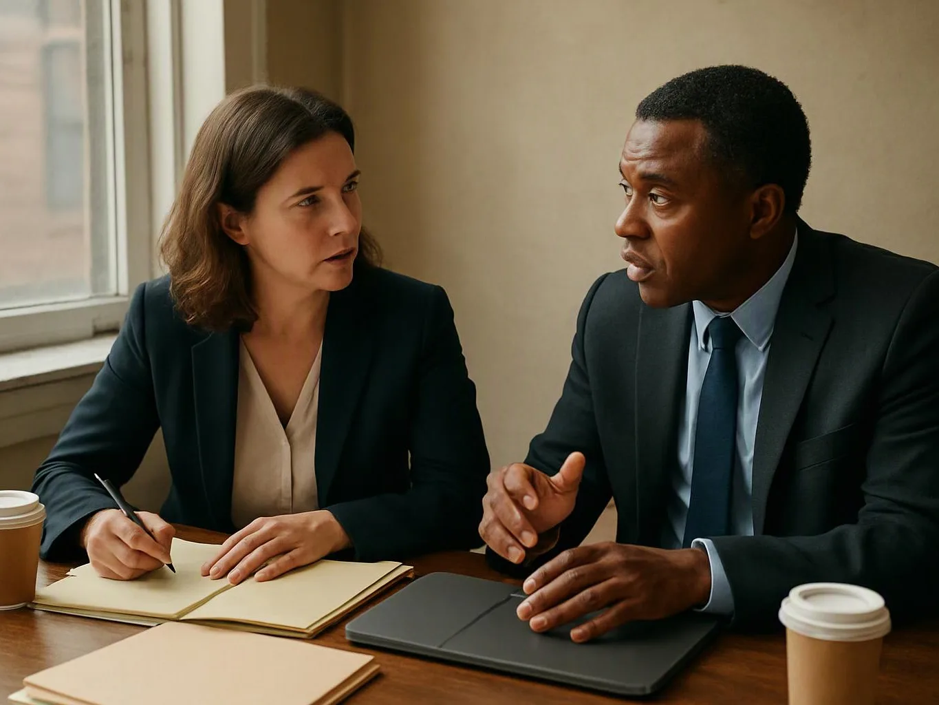 Two businesspeople sit at a table by a window, talking over notebooks and coffee cups