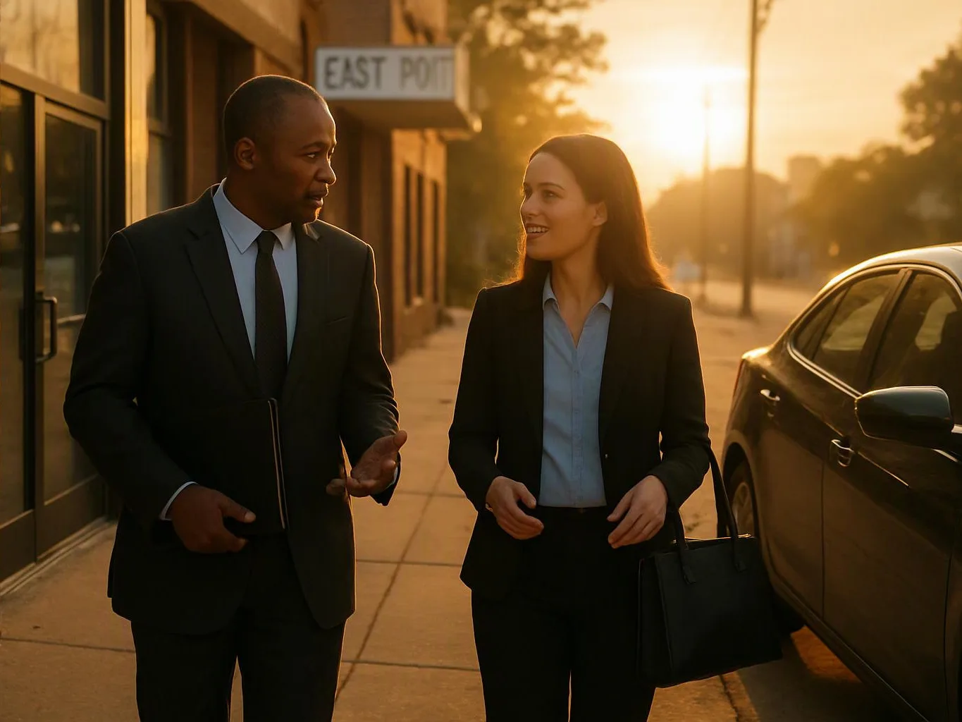 Two businesspeople walk beside a parked car at sunset, talking on a sidewalk
