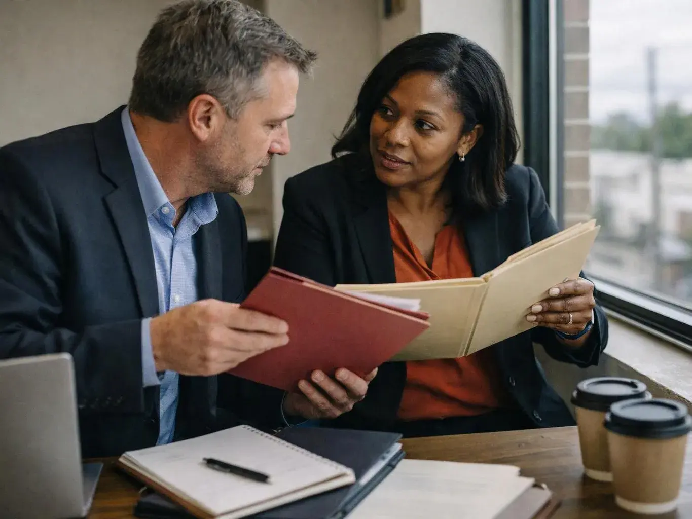 Two colleagues in business clothes review folders and papers together at a table by a window