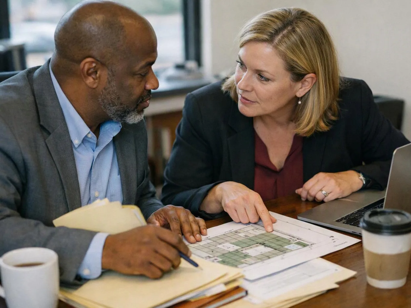 Two coworkers lean over a table, pointing at papers beside a laptop and coffee cups