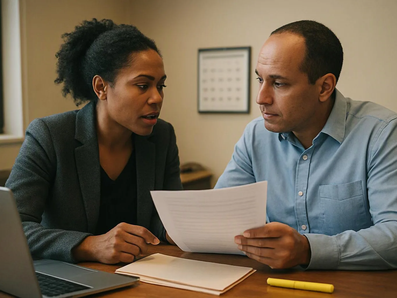 Two coworkers review a paper at a desk, with a laptop, notebook, and yellow highlighter in a quiet office