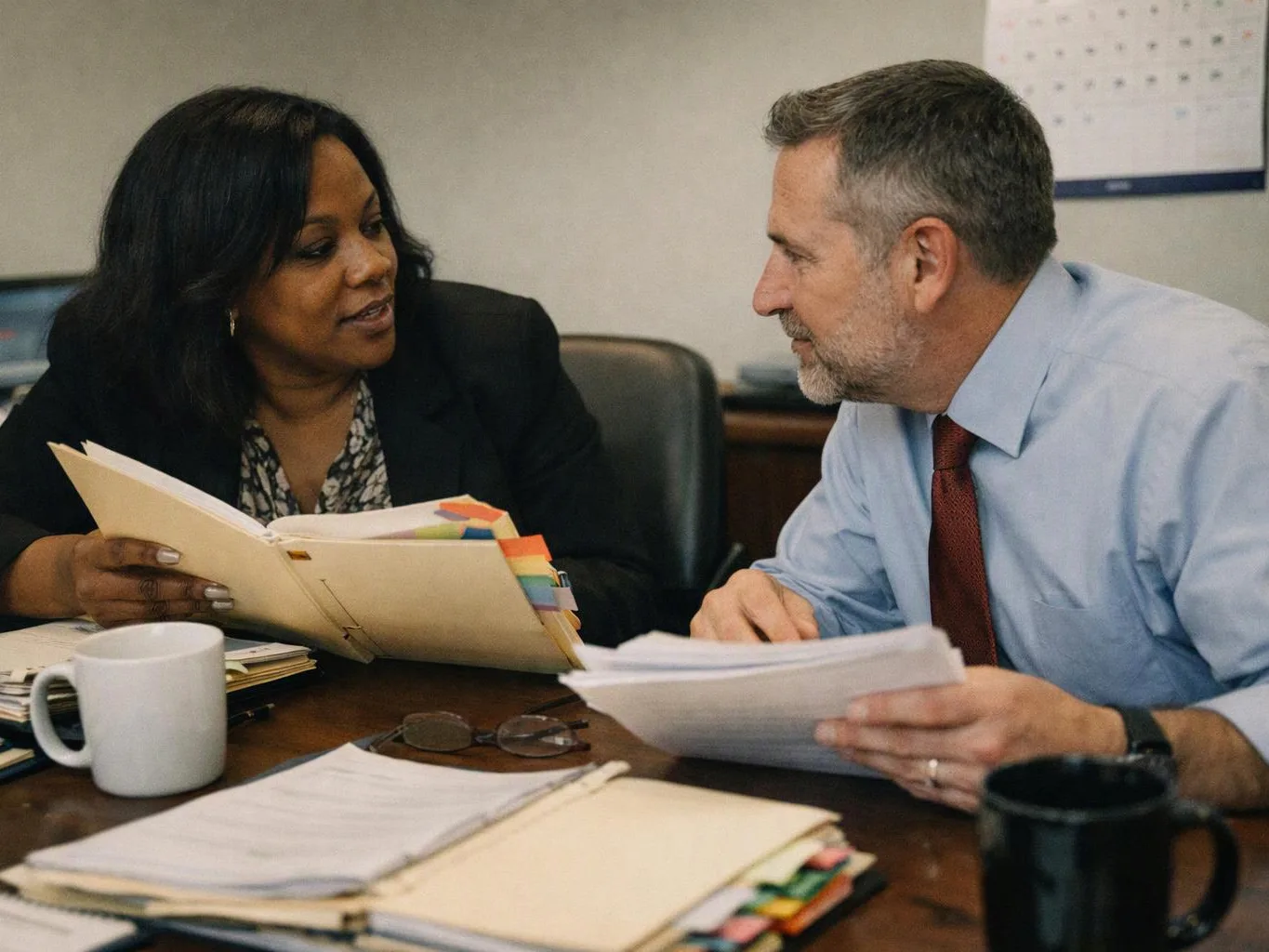 Two coworkers sit at a desk, reviewing papers and folders during a serious office meeting