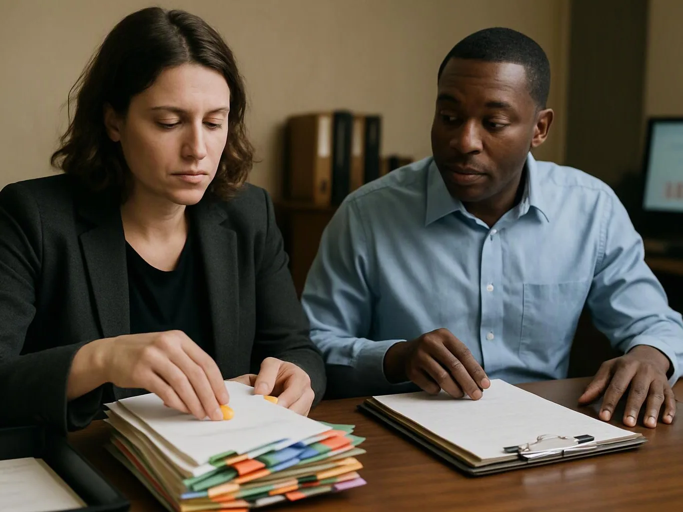 Two coworkers sort stacks of paper at a desk, with folders and a clipboard in a quiet office