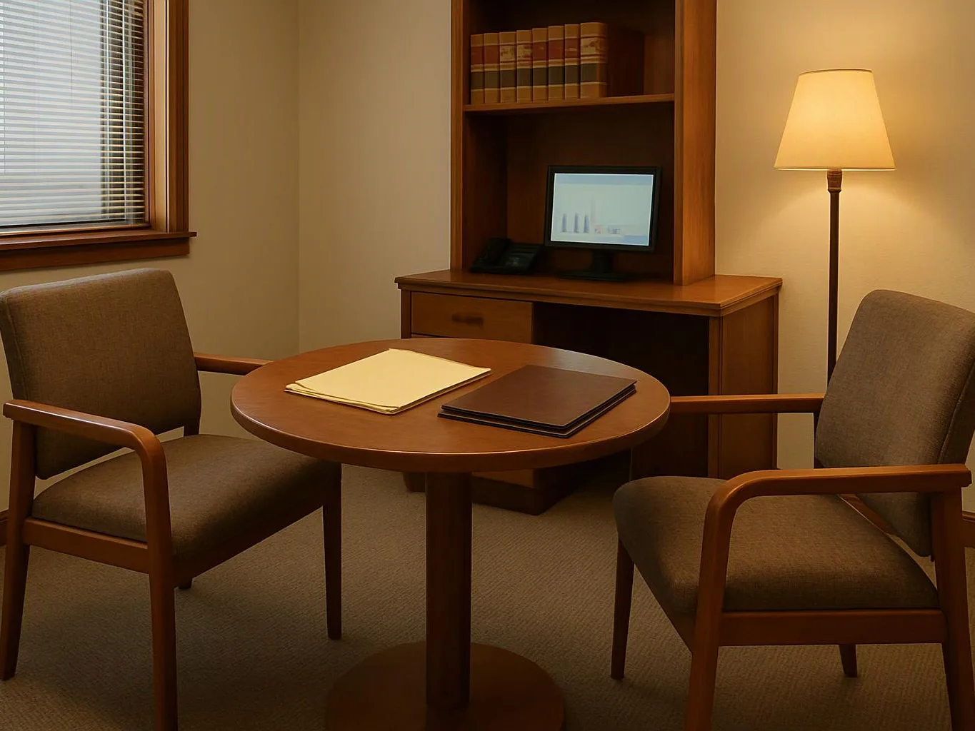 Two empty armchairs face a round table with folders in a warm office lounge