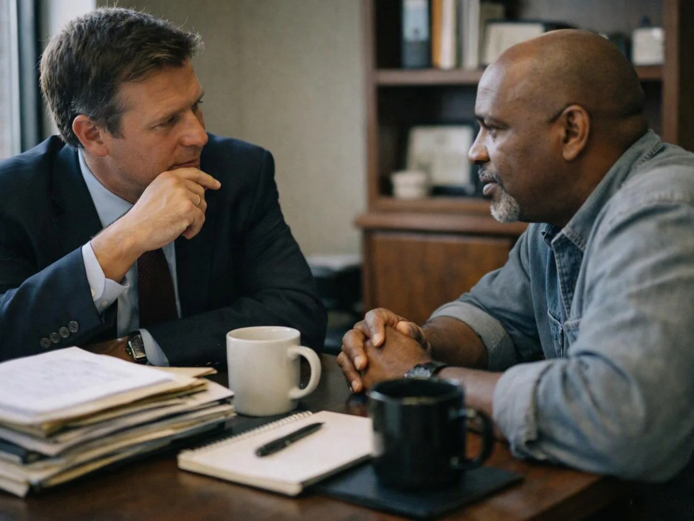Two men sit across a desk in an office, talking beside mugs, papers, and a notebook