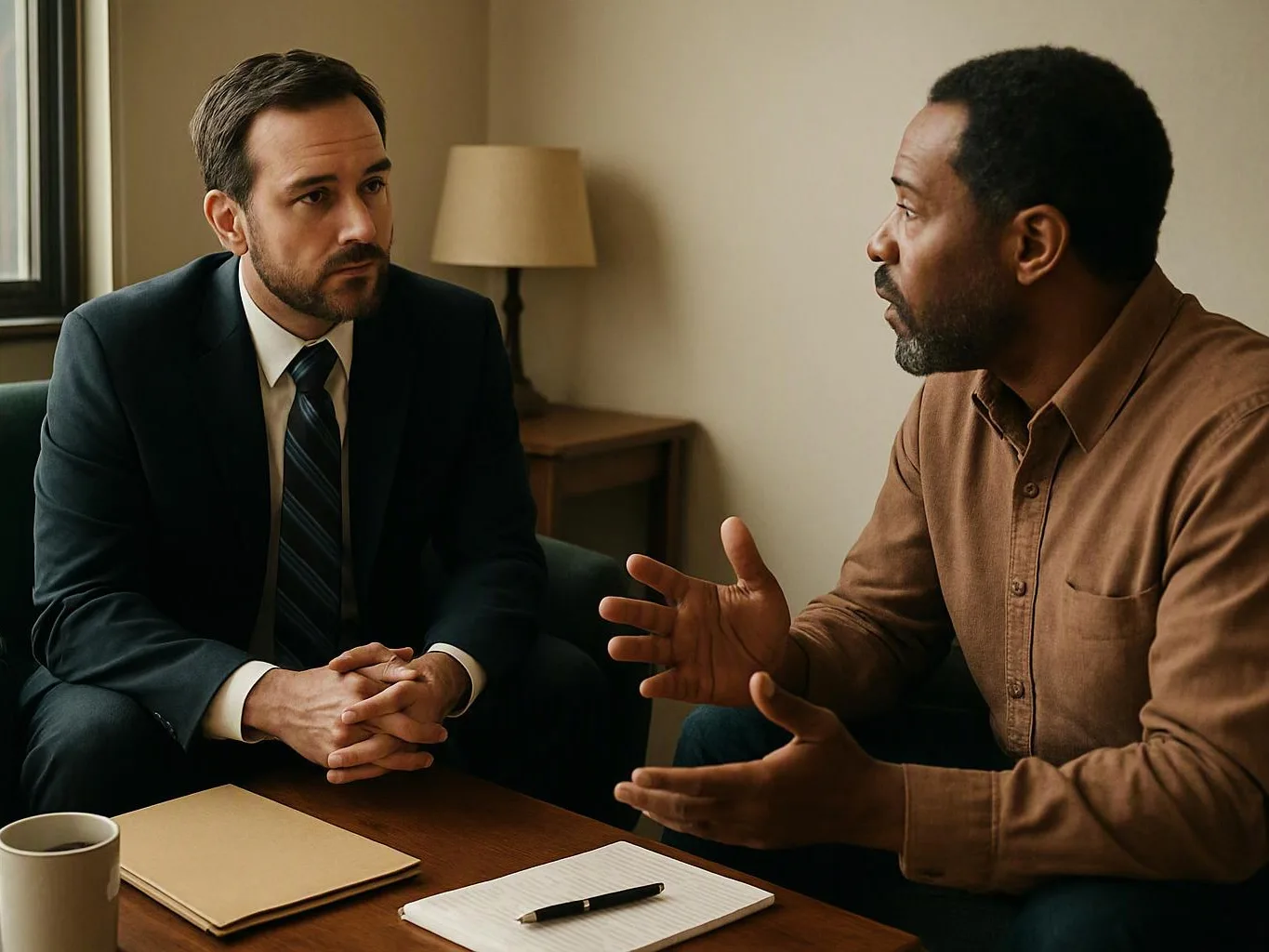 Two men sit across a table in a quiet room, talking with a notebook, pen, and coffee cup nearby