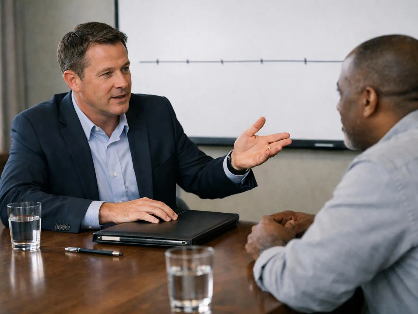 Two men sit at a conference table, one gesturing while speaking across from the other in an office meeting