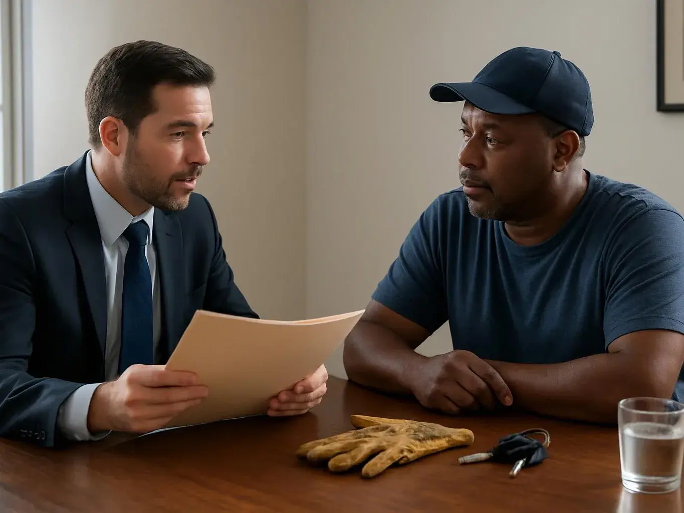 Two men sit at a table, one holding papers while the other listens beside work gloves, keys, and a glass of water