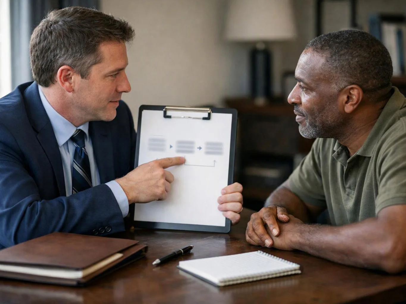 Two men sit at a table, one pointing to a clipboard with a simple diagram while they talk in a room