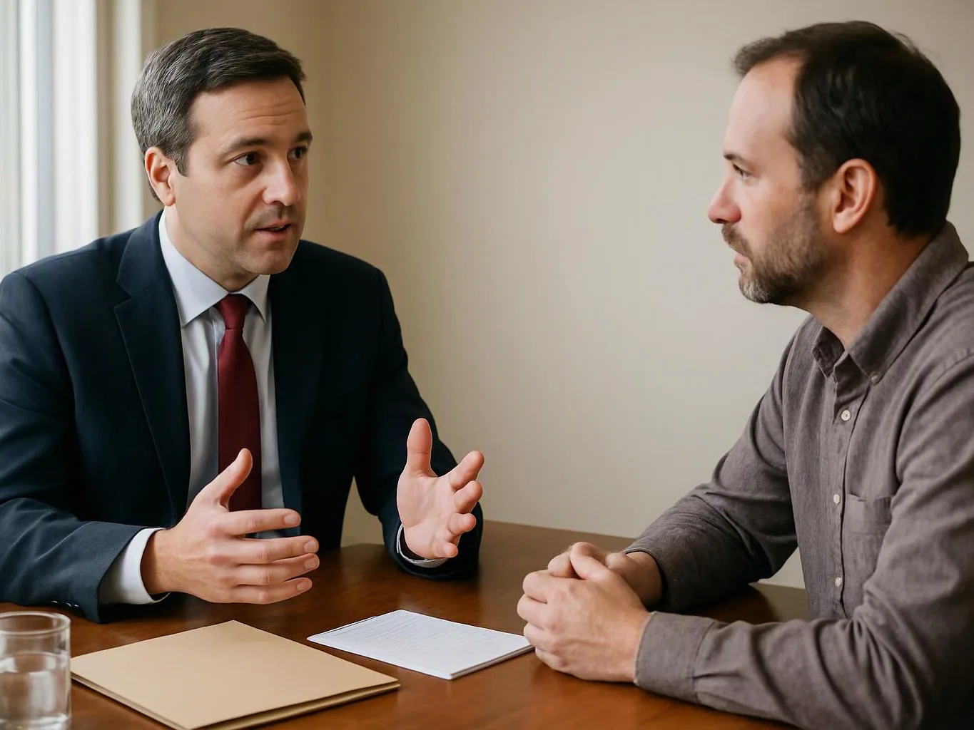 Two men sit at a table, one in a suit gesturing while talking to the other in a casual shirt
