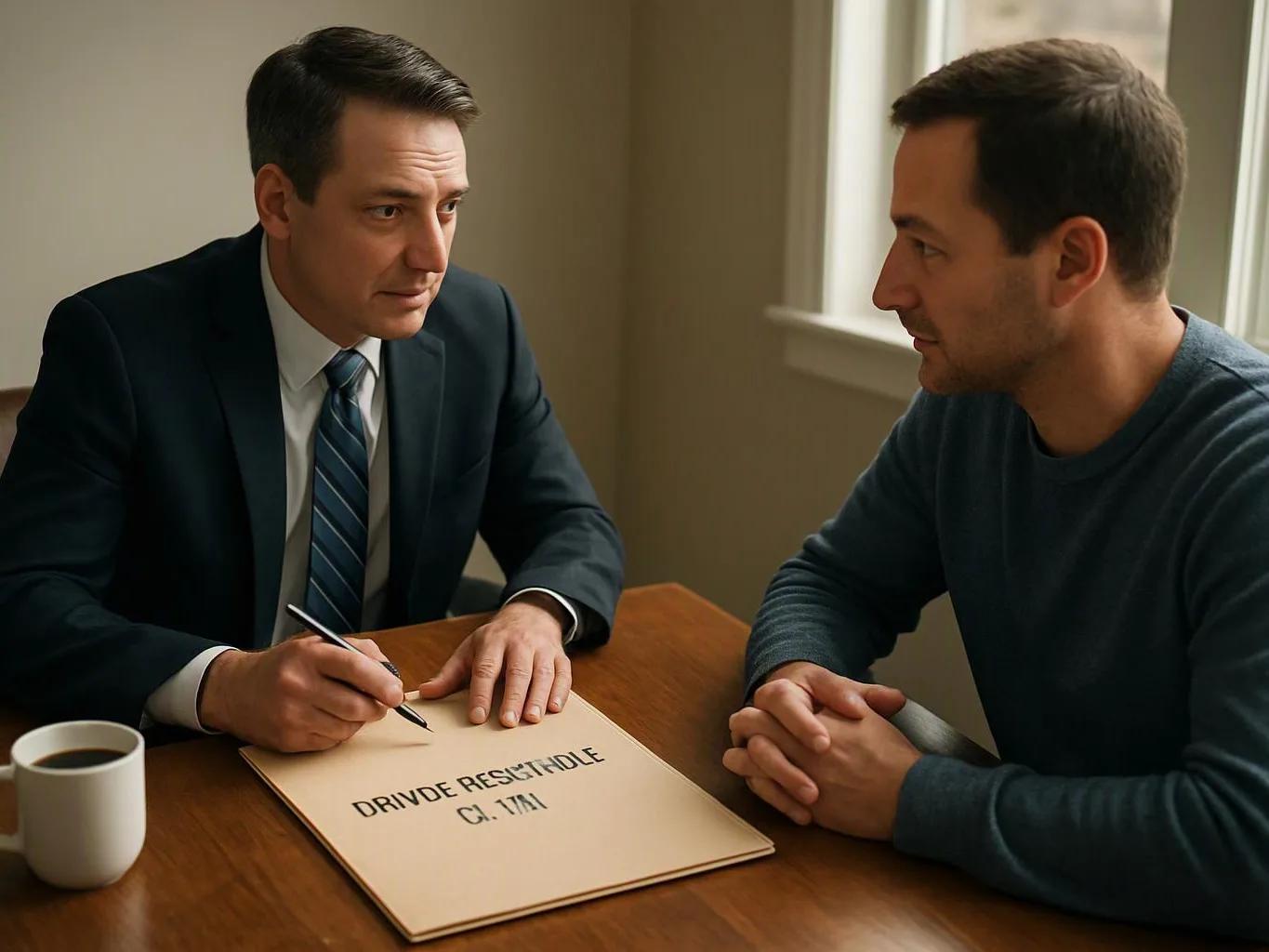 Two men sit at a table, one in a suit writes on a folder while the other listens across from him