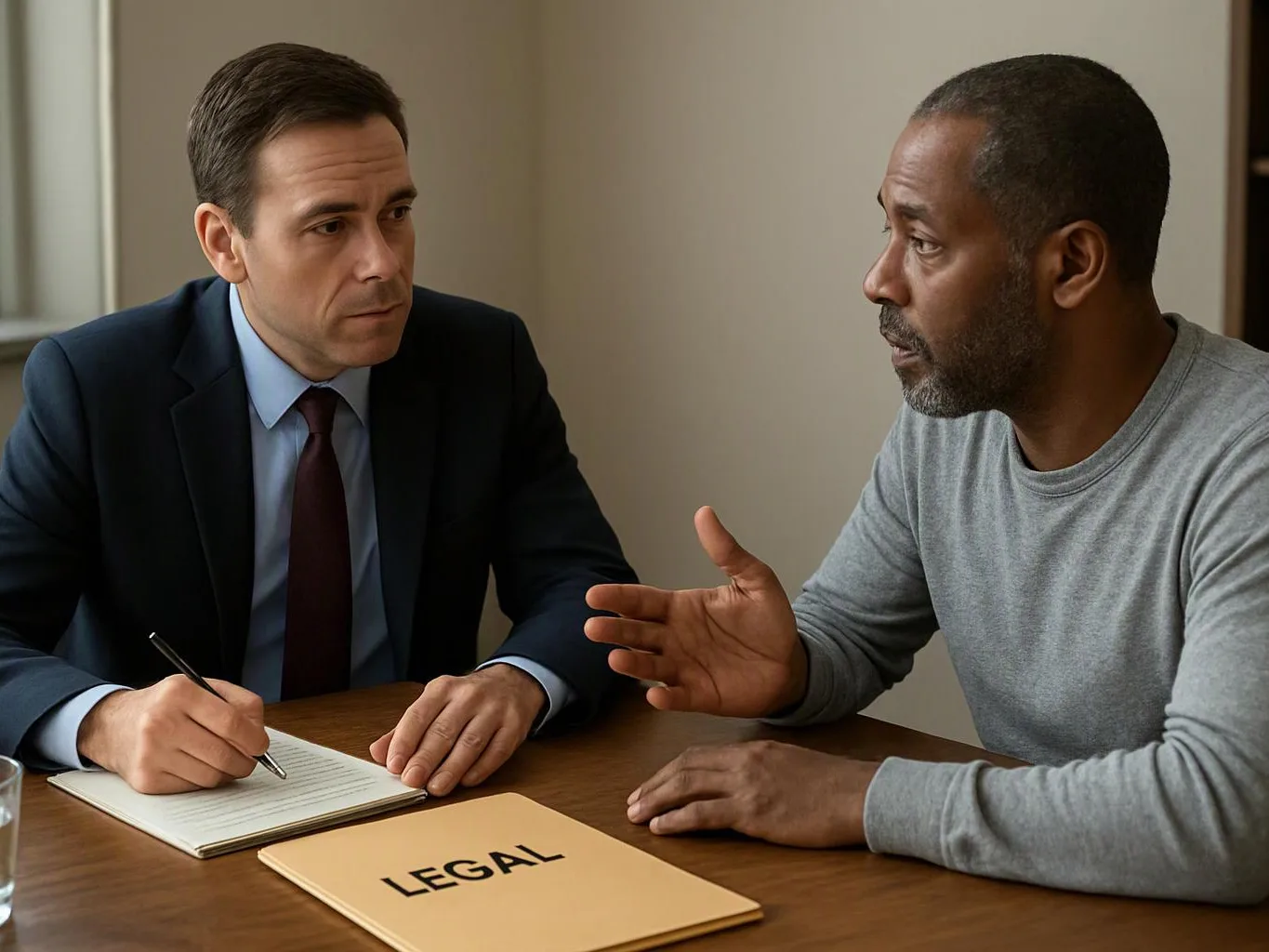 Two men sit at a table, one taking notes while the other gestures beside a folder labeled “LEGAL”