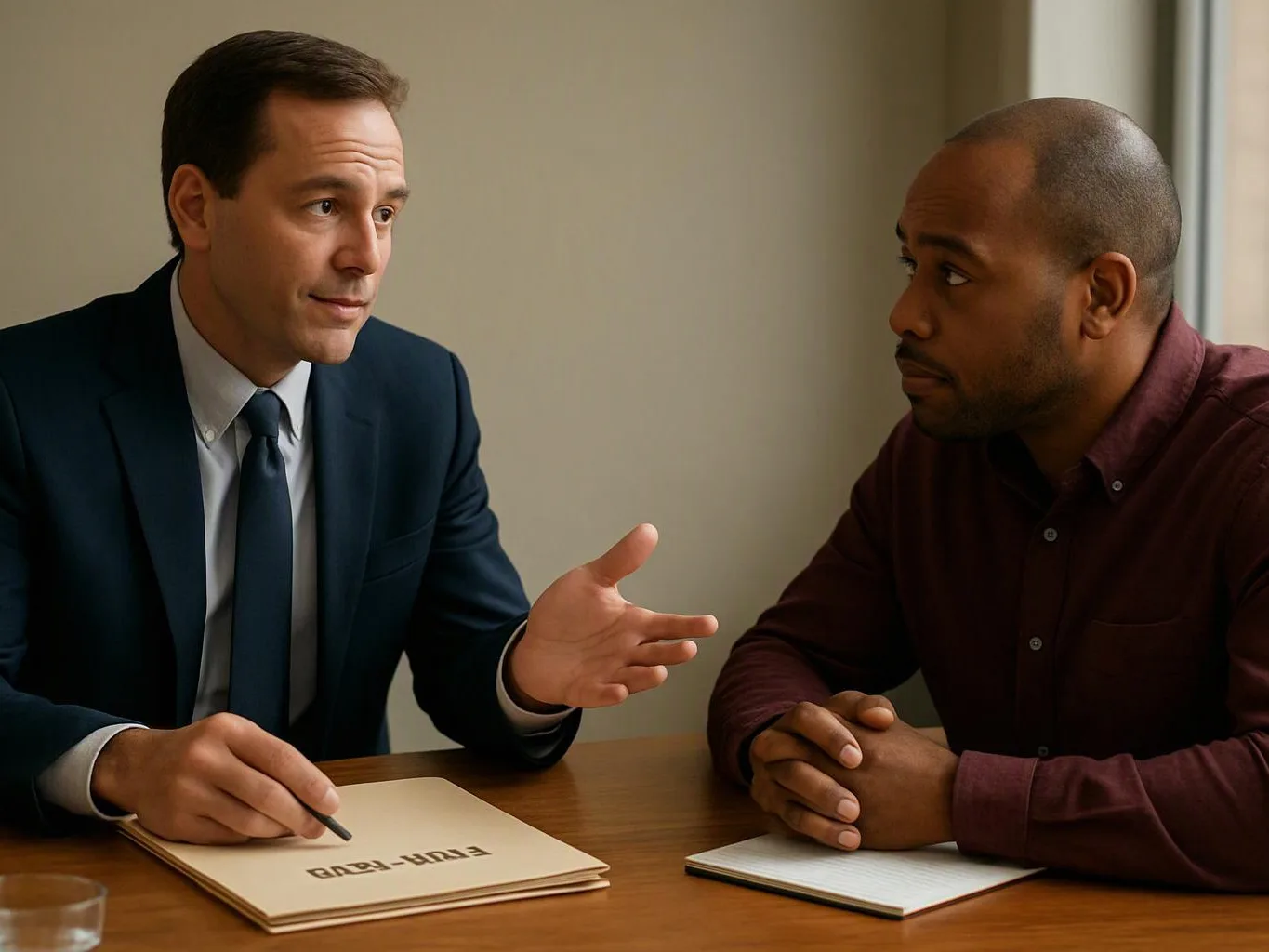 Two men sit at a table in a plain office, one gesturing while the other listens across from him