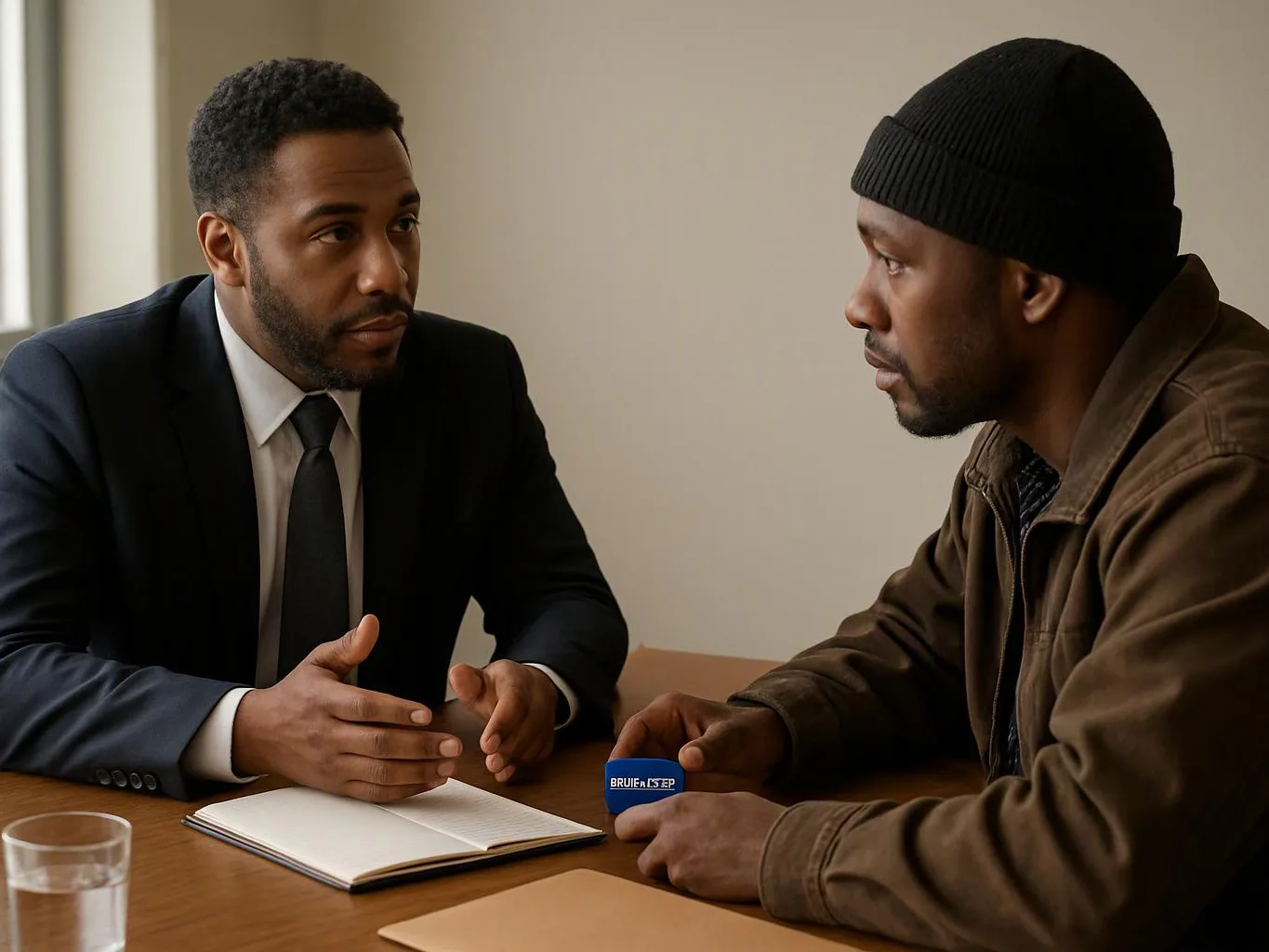 Two men sit at a table, talking across an open notebook and a small blue item in a plain room