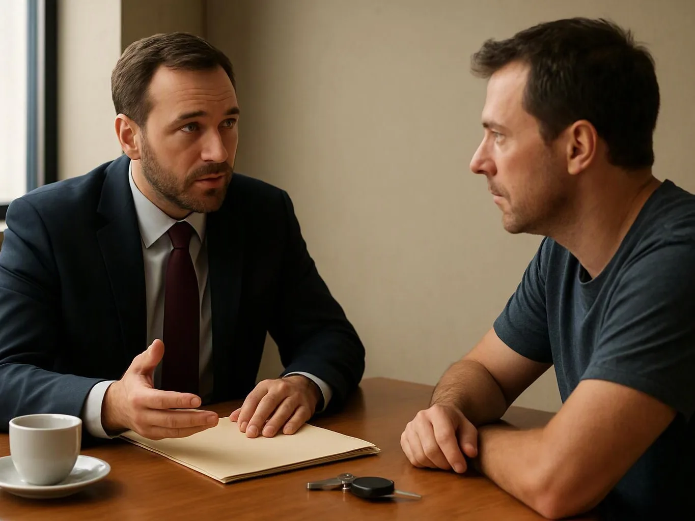 Two men sit at a wooden table, one in a suit speaking across a folder to the other in a T-shirt