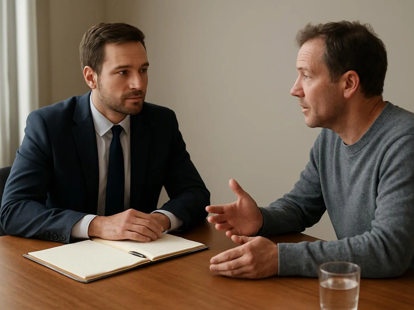 Two men sit at a wooden table, talking across an open notebook and a glass of water