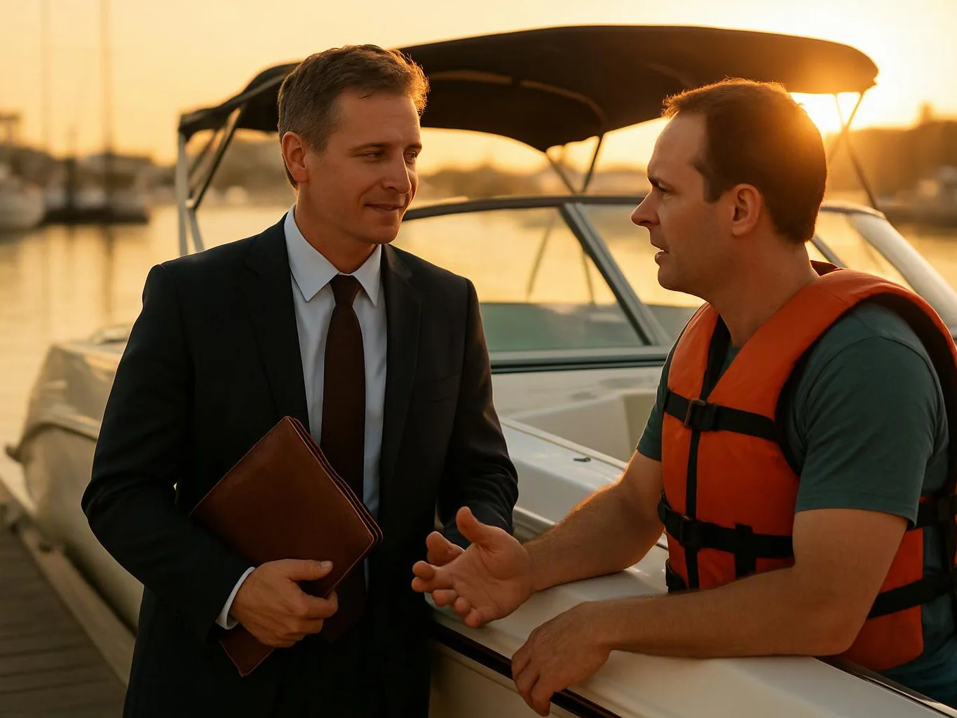 Two men talk beside a docked motorboat at sunset, one in a suit holding a folder and one wearing a life vest