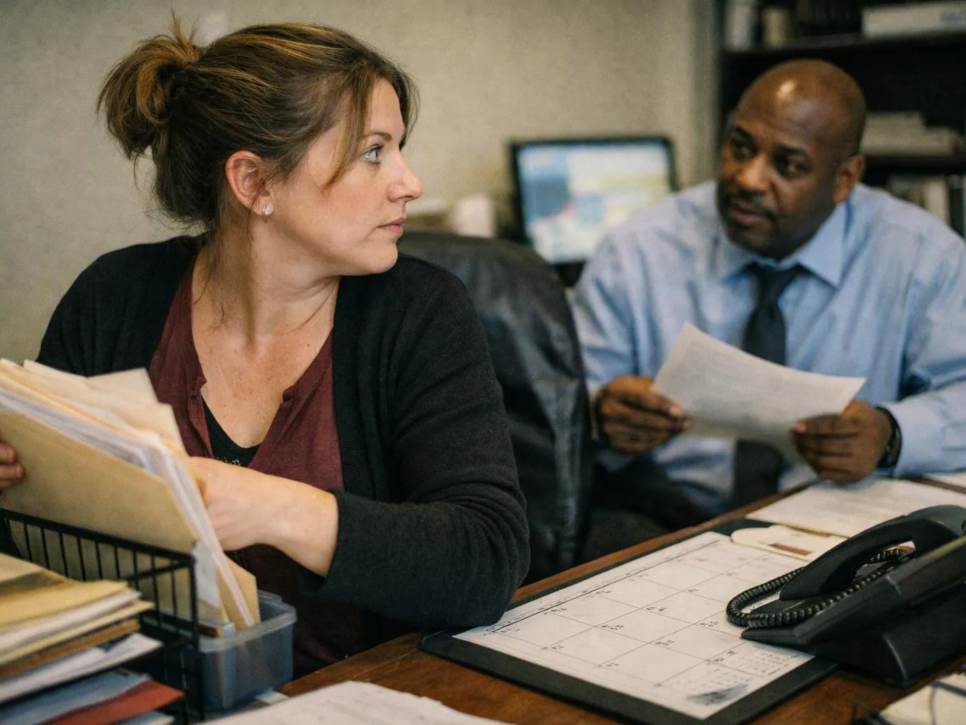 Two office workers sit at a desk, one sorting papers while the other holds a sheet and looks toward her