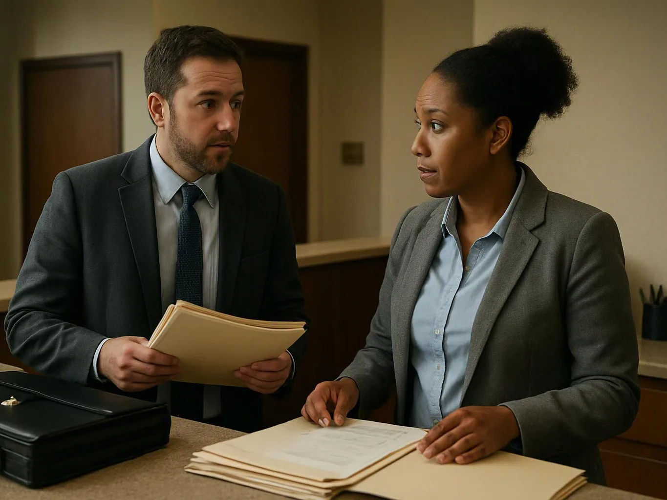 Two office workers stand at a counter, one holding folders while the other reviews a stack of papers