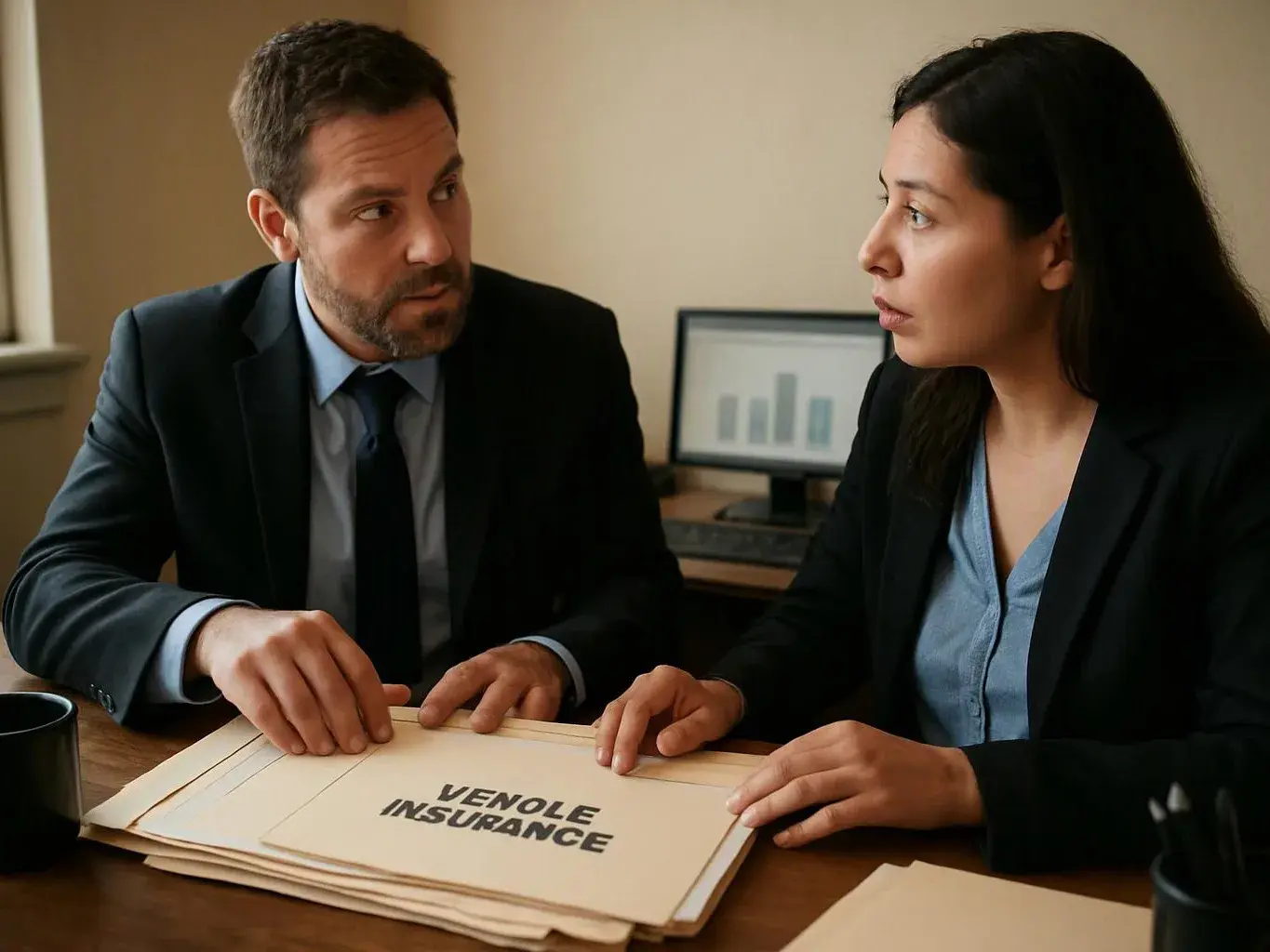 Two office workers study a folder labeled “VENOLE INSURANCE” while talking at a desk with a computer behind them