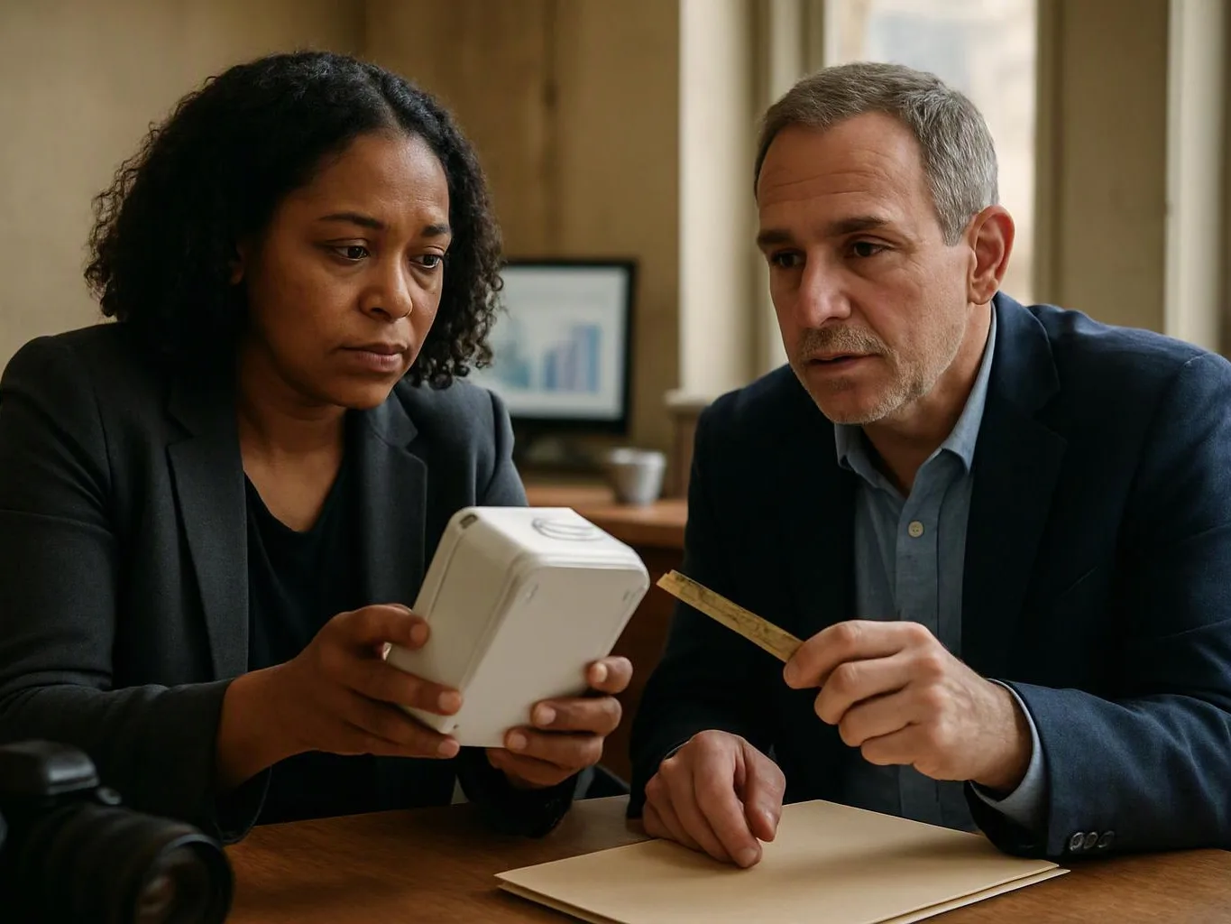 Two people in business clothes study a white device together at a desk, with a ruler and paper in an office setting
