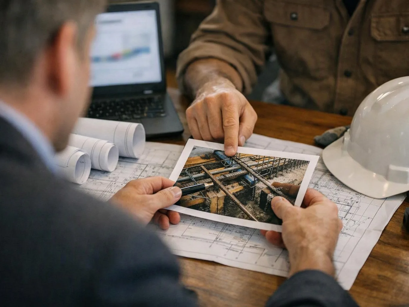 Two people review a construction photo and blueprints at a desk, with a laptop and hard hat nearby