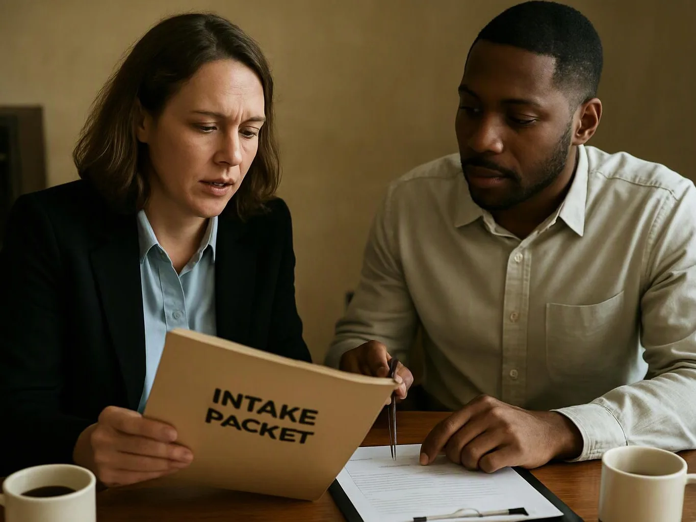 Two people review an intake packet and paperwork at a wooden table with coffee mugs