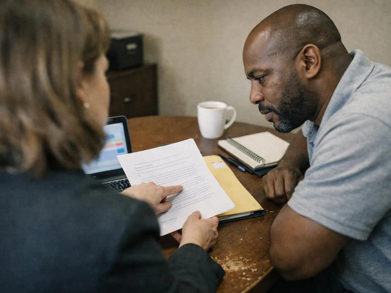 Two people review a paper at a wooden table with a laptop, notebook, and coffee mug nearby