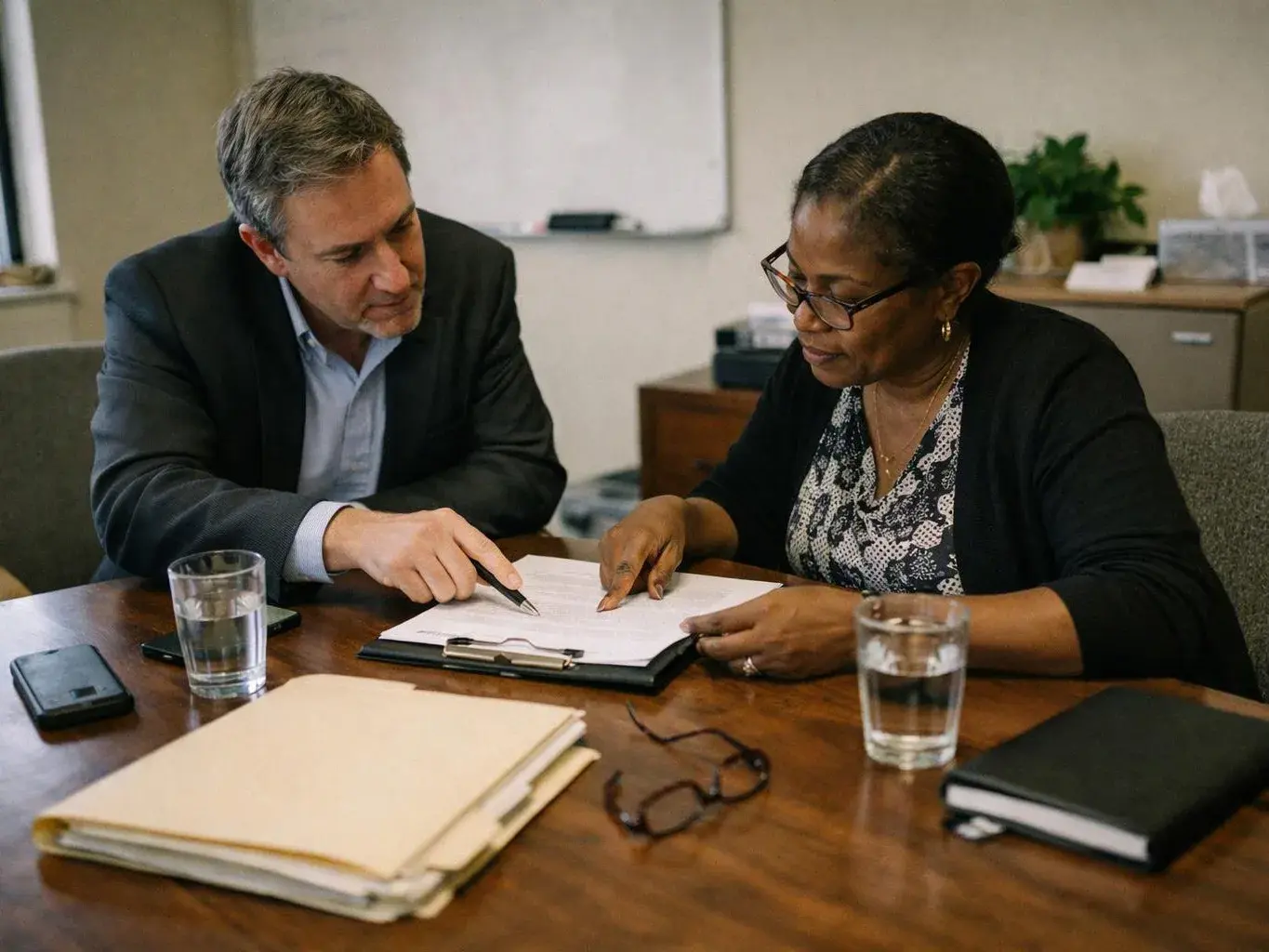 Two people review papers at a conference table in an office, with glasses, folders, and a smartphone nearby