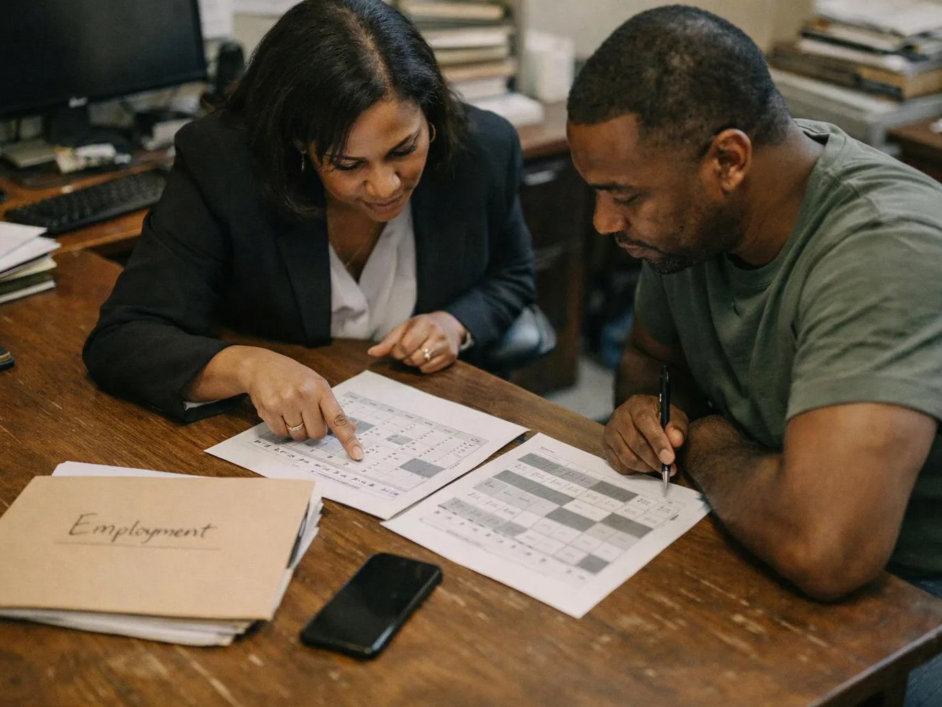 Two people review printed forms at a wooden desk in an office, with a folder labeled Employment and a phone nearby